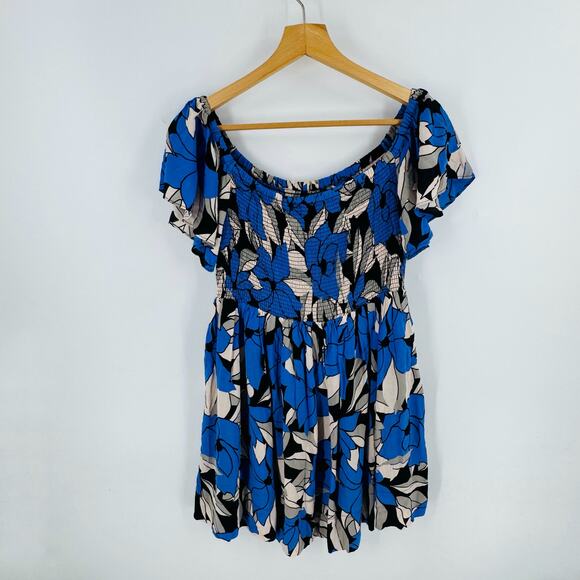 Free People Indigo Floral Smocked Mini Dress Boho Peasant Puff Sleeve Size M - Picture 4 of 11